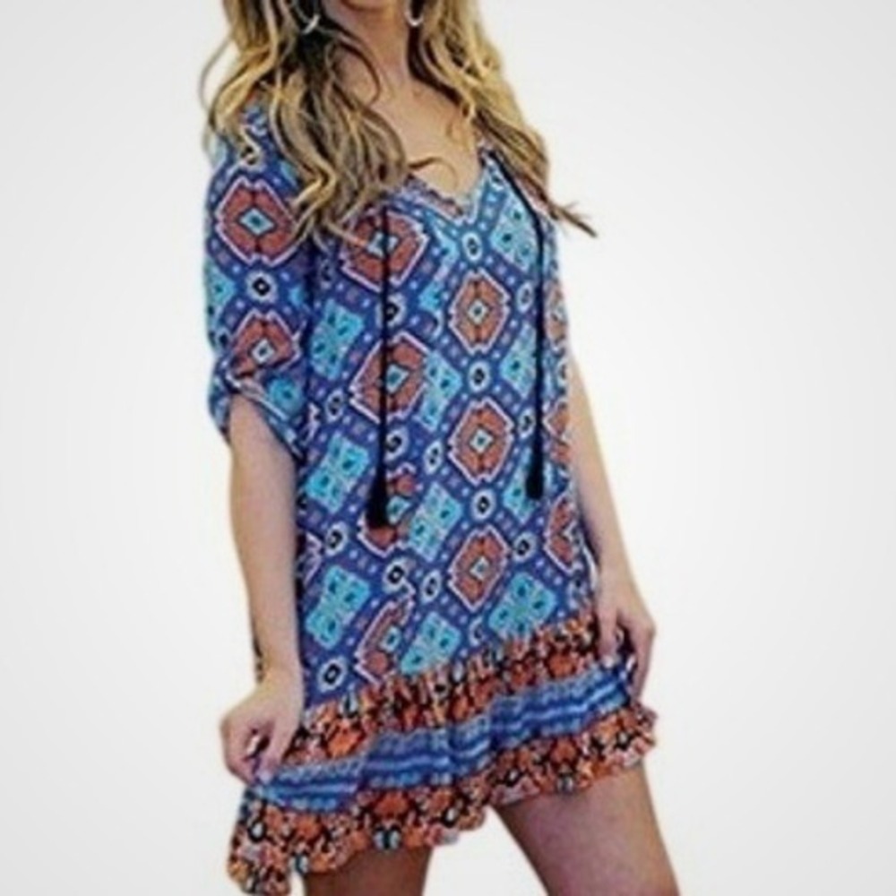 Tolani Women Silk Geometric Print Ruffle‎ Hem Boho Tunic Dress Blue Small